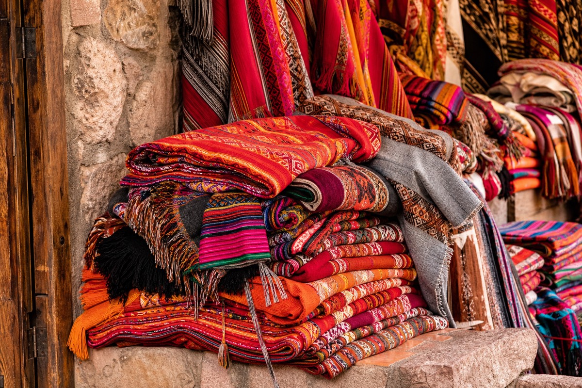 A market stall in the Andes displaying woven textiles and warm layers typical of Cusco region packing needs