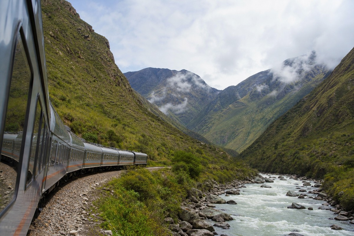 A passenger train winding through the Andes mountains on the route to Machu Picchu